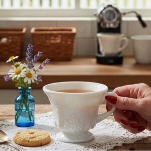 1960's Vintage Milk Glass Tea Punch Cup Footed Harvest Grape & Leaves Design